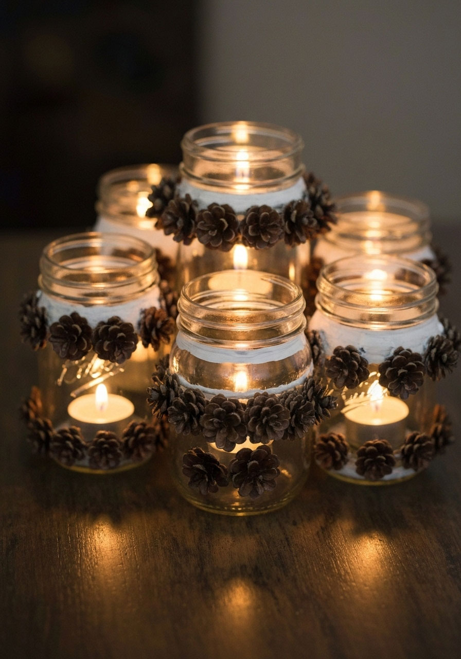 Snowy pinecone mason jar Christmas centerpiece with white-tipped pinecones and glowing tea lights