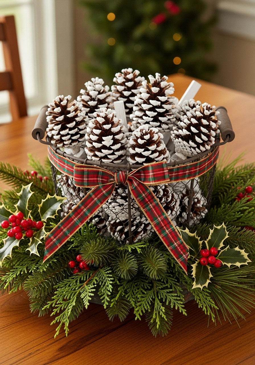 Pinecone fire starter Christmas centerpiece in wire basket with plaid ribbon and greenery