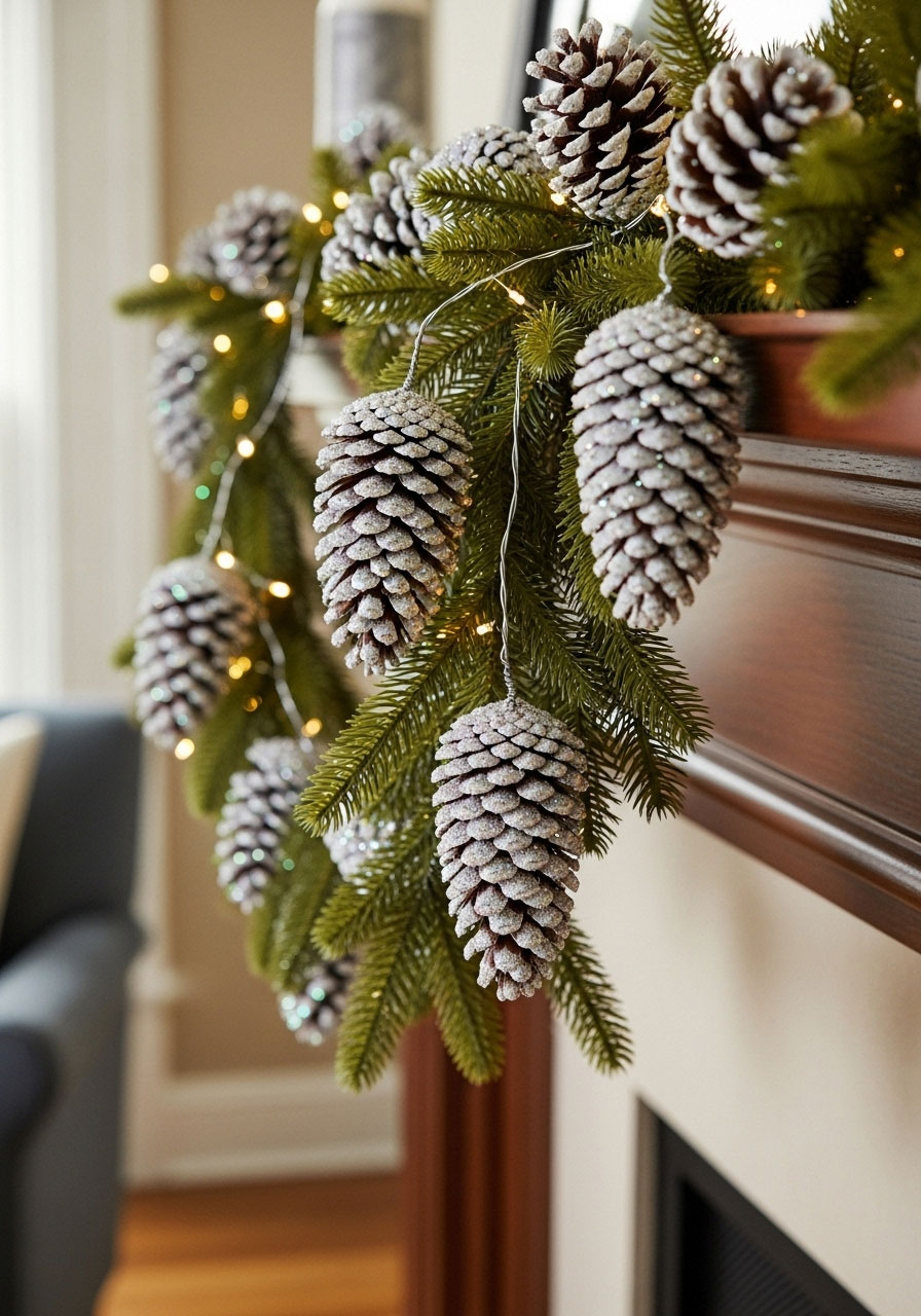 Finished pinecone and frosting garland on mantle showing white glittery pinecones with greenery
