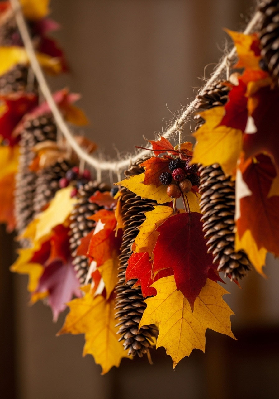 Pinecone garland fall decoration craft with autumn leaves for kids