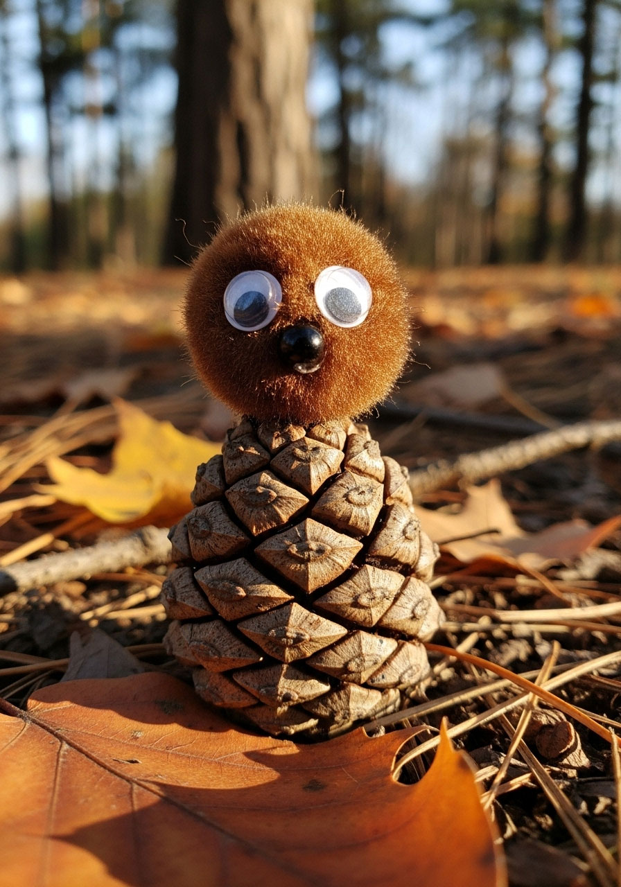 Pinecone hedgehogs craft with pom-pom faces for kids
