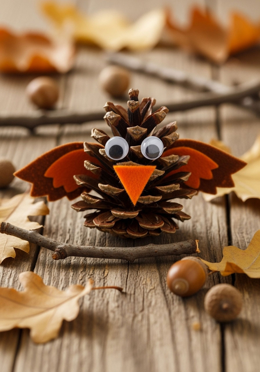 Pinecone owl craft with googly eyes and felt wings for children