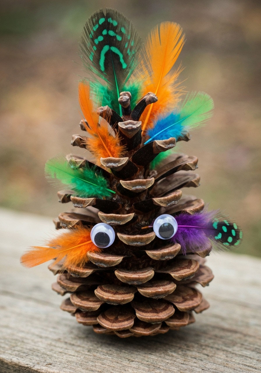 Pinecone turkey craft with colorful feathers for autumn activity