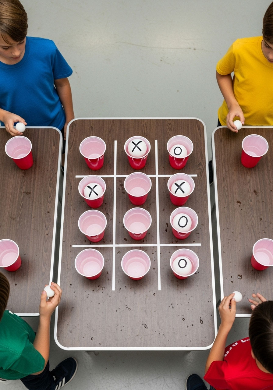 Overhead view of ping pong tic-tac-toe game setup with water cups and marked balls for team birthday party competition