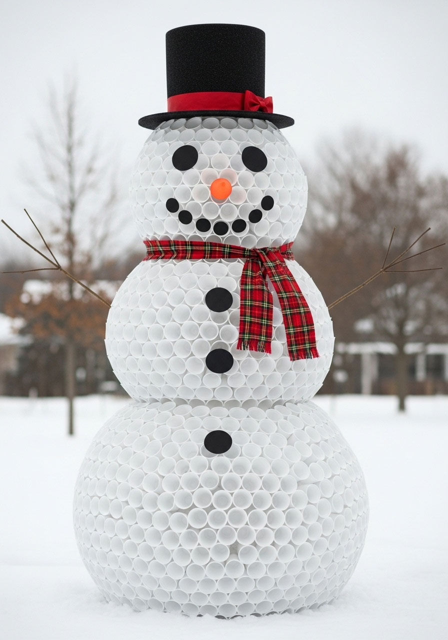 DIY snowman made from stacked white plastic cups with accessories