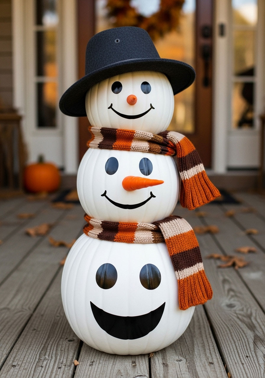 DIY snowman made from white spray-painted plastic pumpkins with accessories