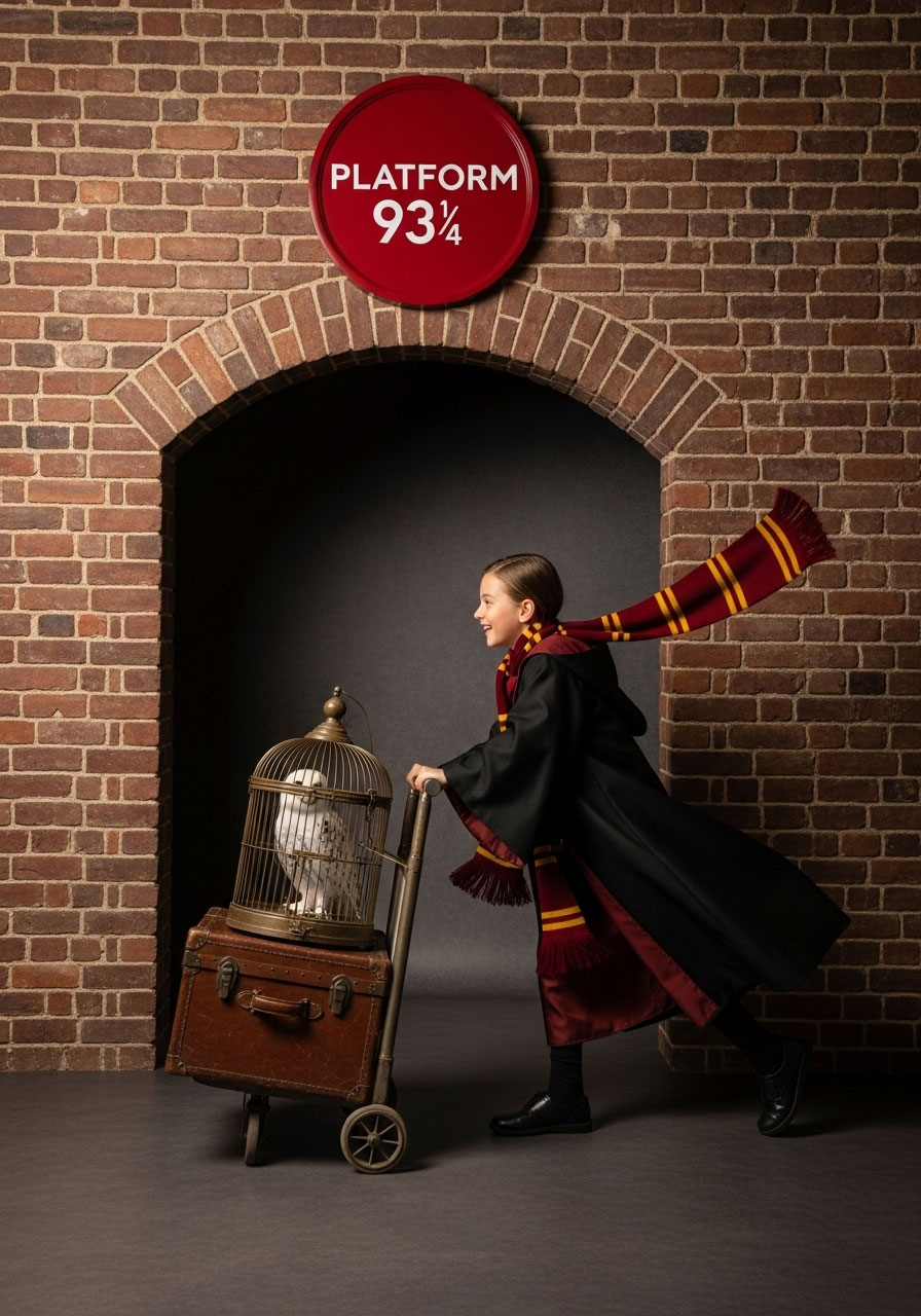 Platform 9¾ photo booth backdrop with brick wall, shopping cart, and props for Harry Potter birthday pictures