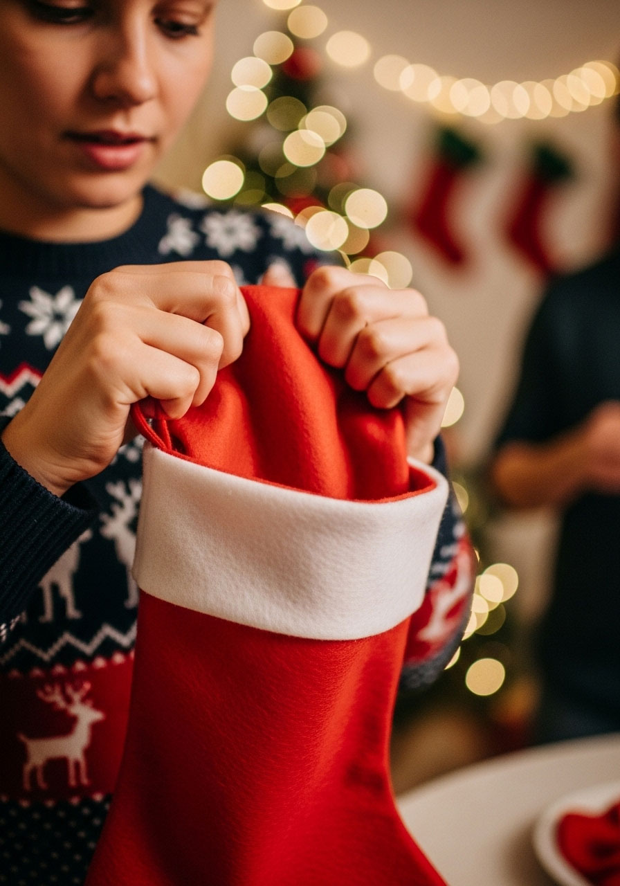 Player feeling Christmas stocking to guess hidden items during holiday party game with concentrated expression
