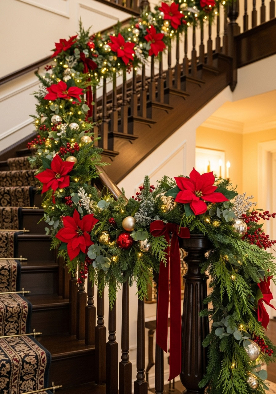 Finished poinsettia flower garland on staircase showing red blooms on green foliage display