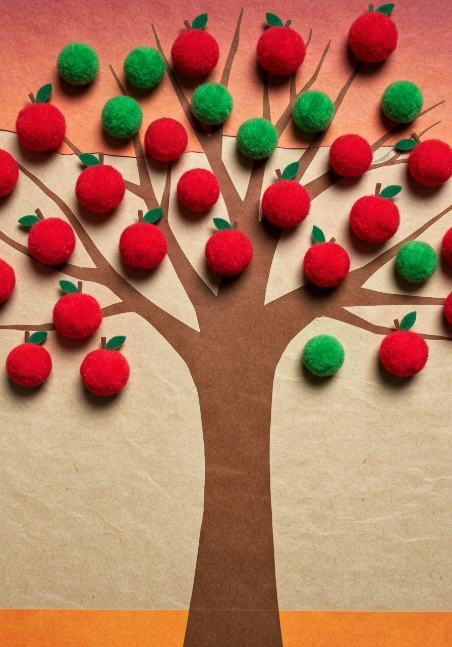 Pom pom apple tree craft with stamped apples for children