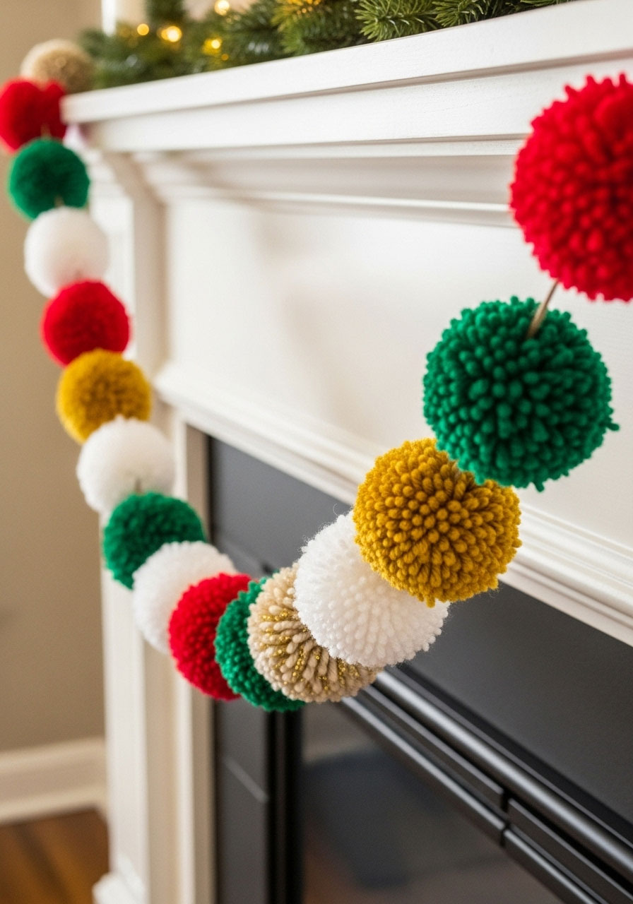 Handmade pom pom Christmas garland in festive colors, easy adult craft idea for holiday mantel decoration