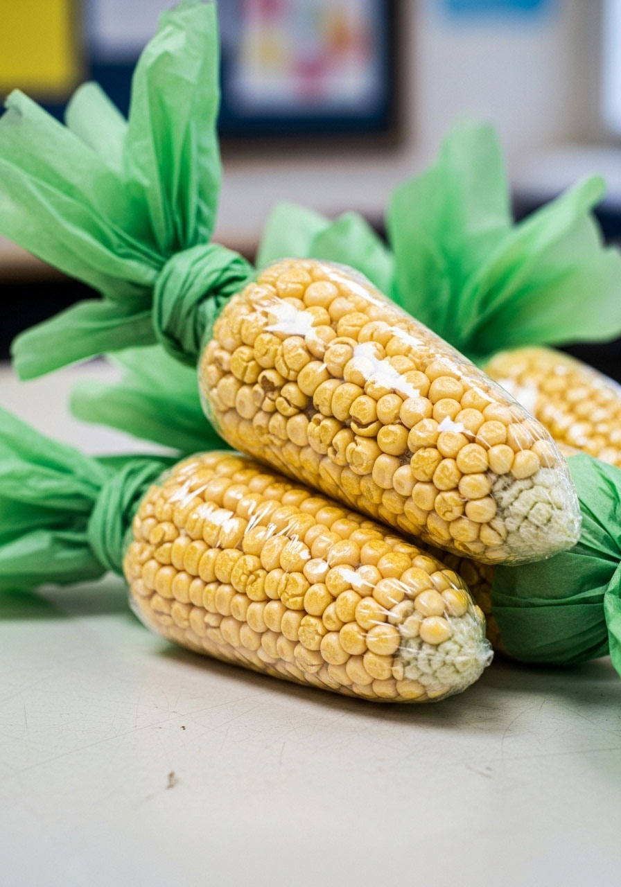 Popcorn corn cobs wrapped with green tissue paper husks for healthy Thanksgiving classroom snack idea