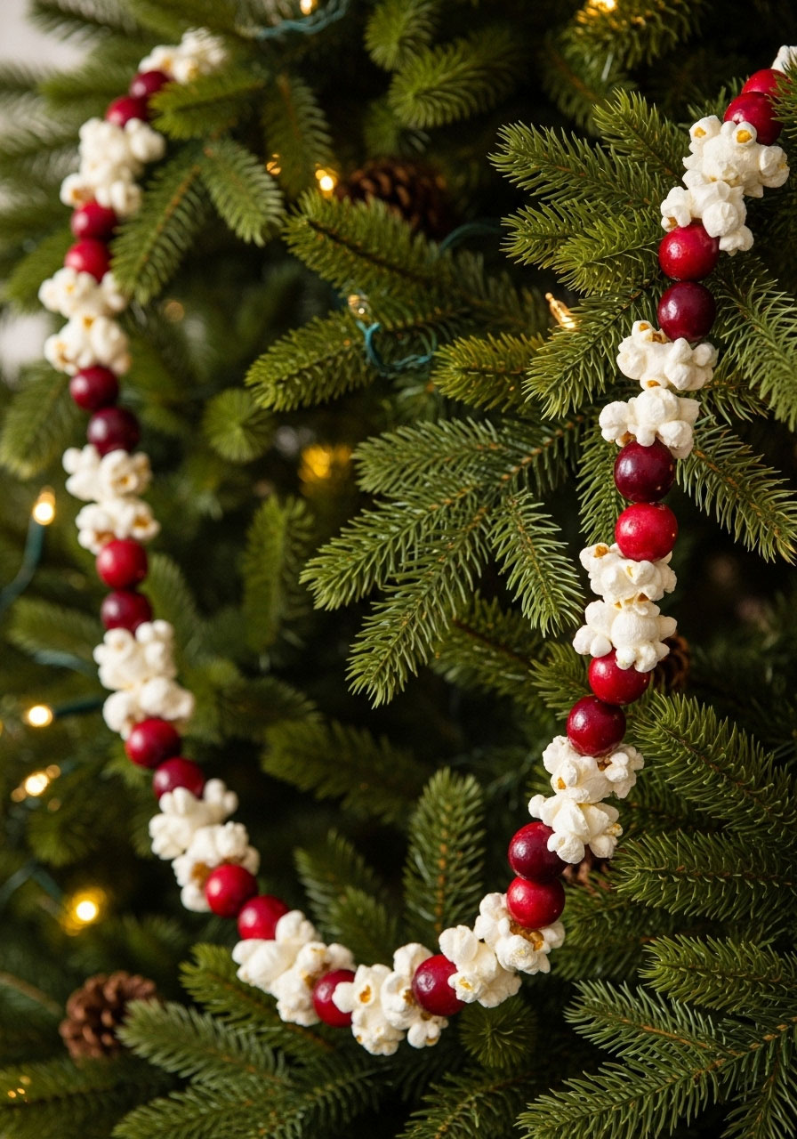 Finished popcorn and cranberry garland on tree showing alternating pattern arrangement