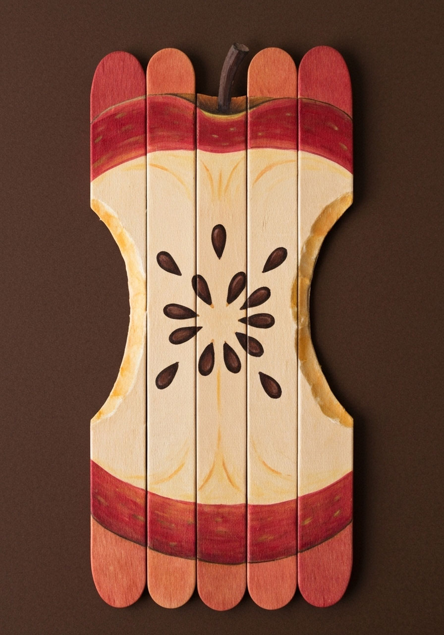 Popsicle stick apple core craft painted with seeds for kids