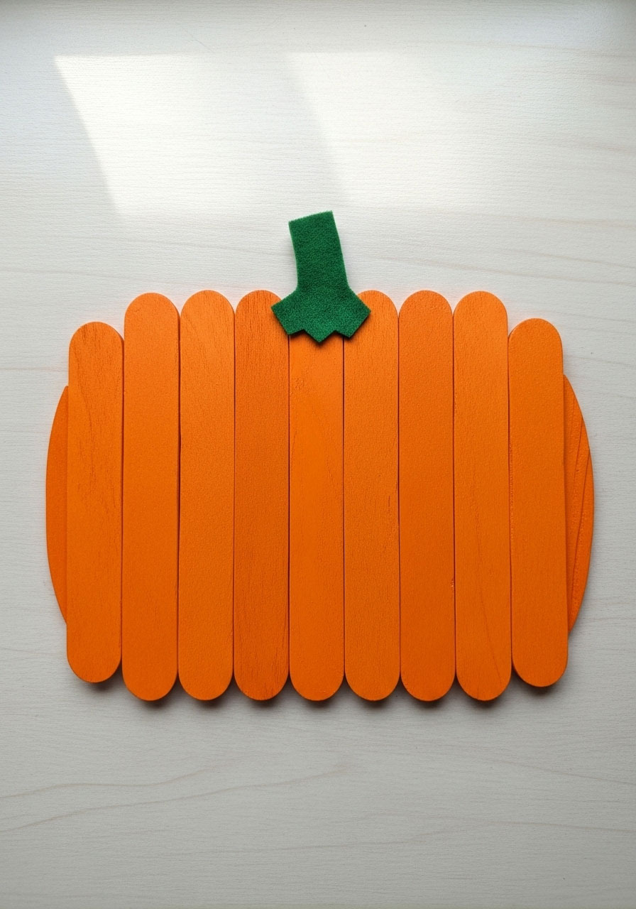 Popsicle stick pumpkin craft painted orange with green stem for kids