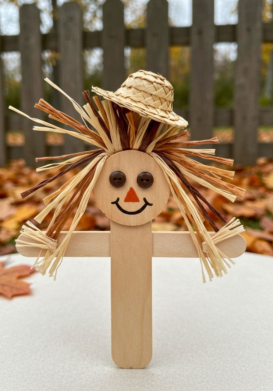 Popsicle stick scarecrow craft with raffia hair for children
