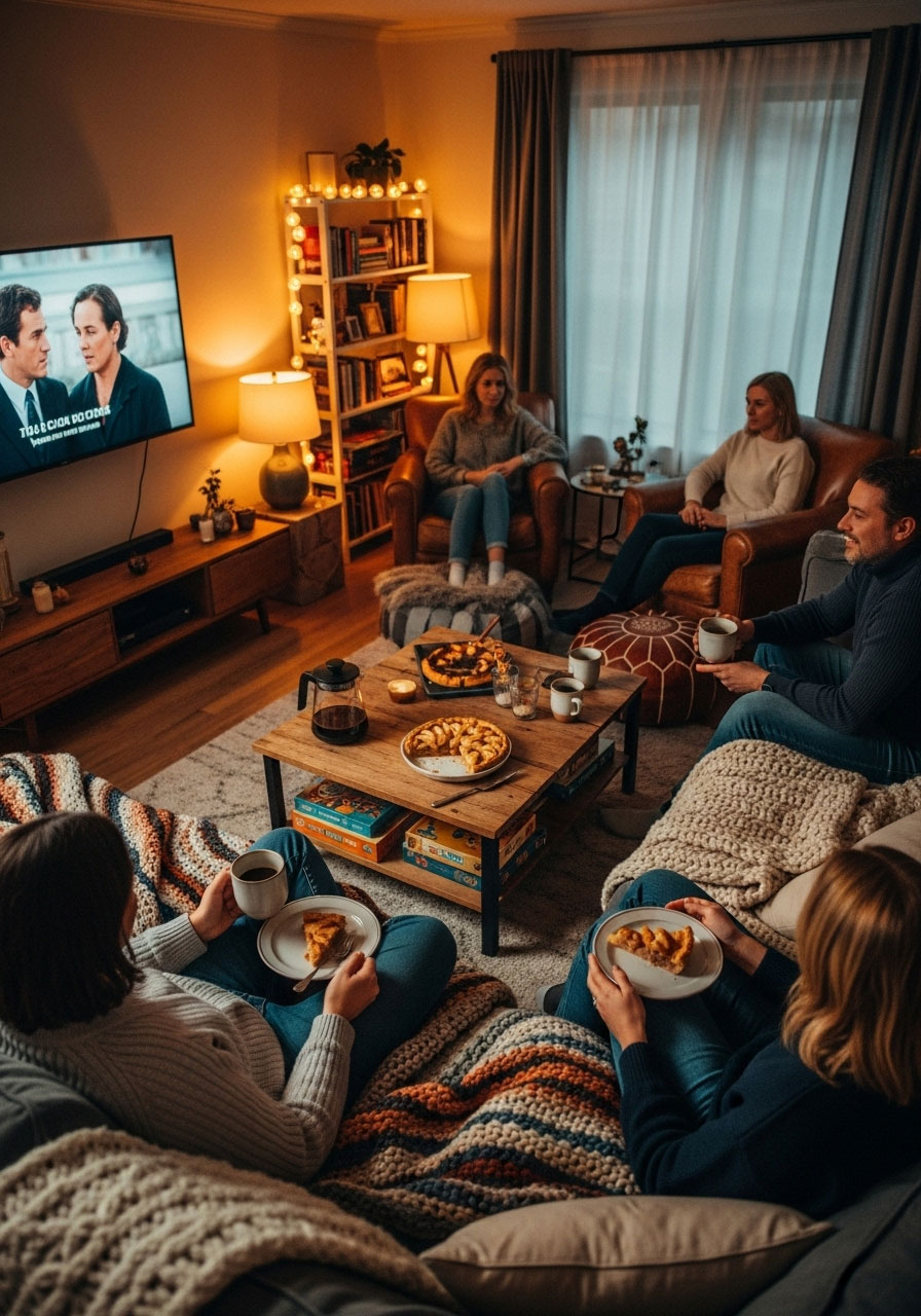 Guests relaxing in cozy living room after Thanksgiving dinner with coffee, dessert, and comfortable conversation
