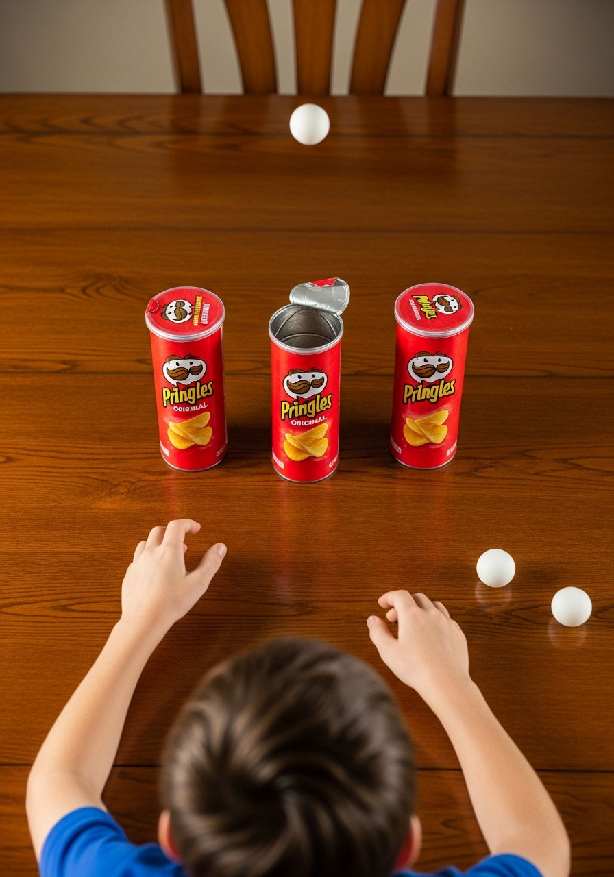 Ping pong basketball game using Pringles cans as hoops on table at Dude Perfect themed birthday party