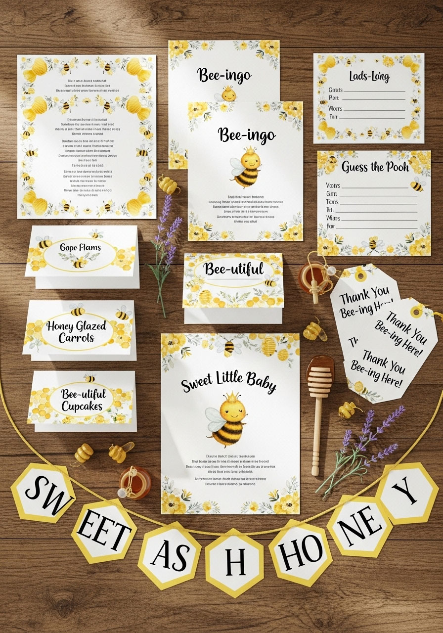 Printable honeybee baby shower bundle with invitations games and decorations template set