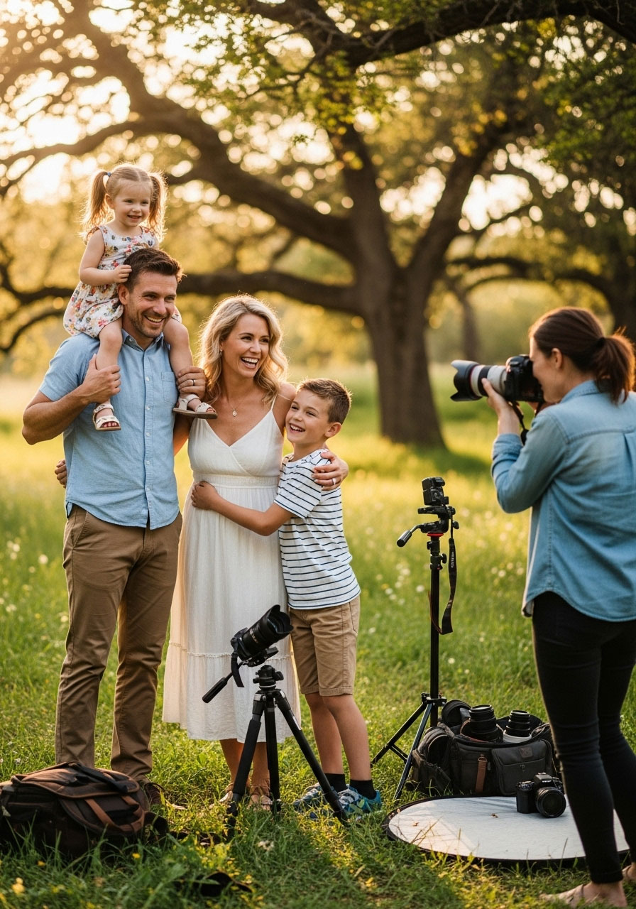 Family during professional photography session as Christmas memory-making experience gift