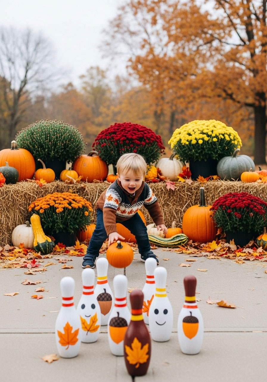 Toddler playing pumpkin bowling game knocking down decorated bottle pins