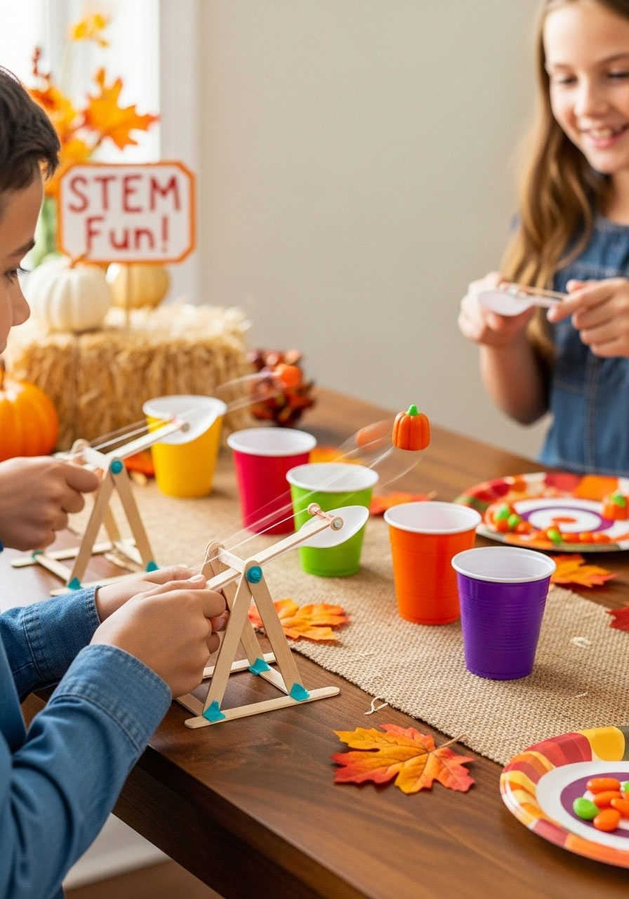 Children playing pumpkin candy catapult STEM game with DIY launchers at fall party