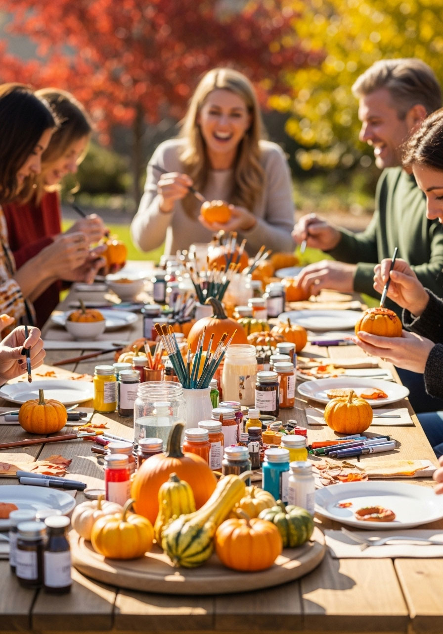 Fall soup party activity station with pumpkin decorating supplies and guests crafting in cozy atmosphere