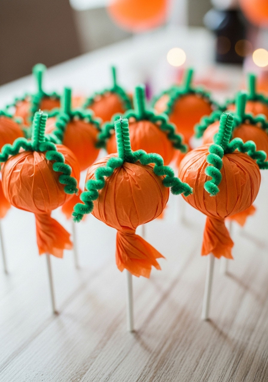 Pumpkin lollipops craft wrapped in tissue paper for kids parties
