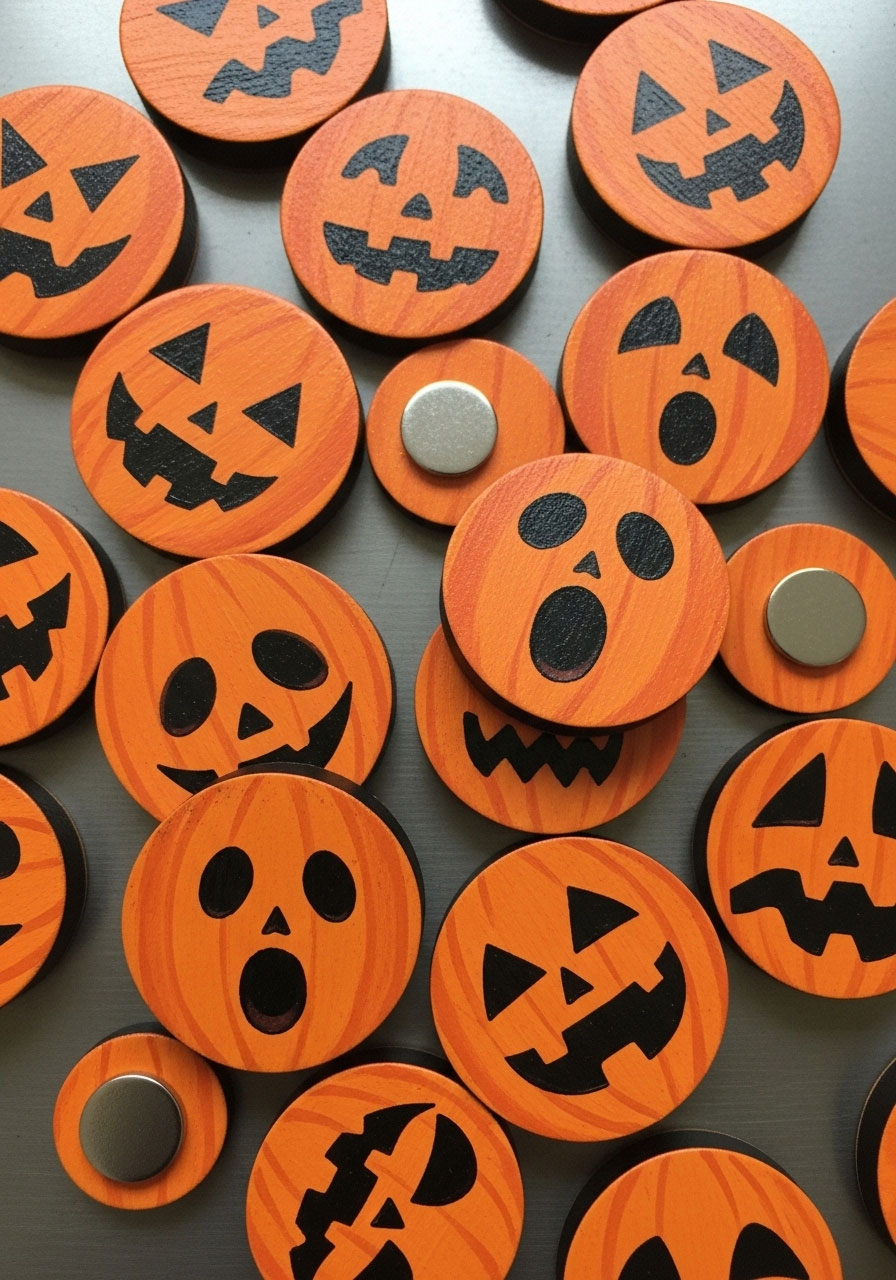 Pumpkin magnets wooden craft with jack-o-lantern faces for kids