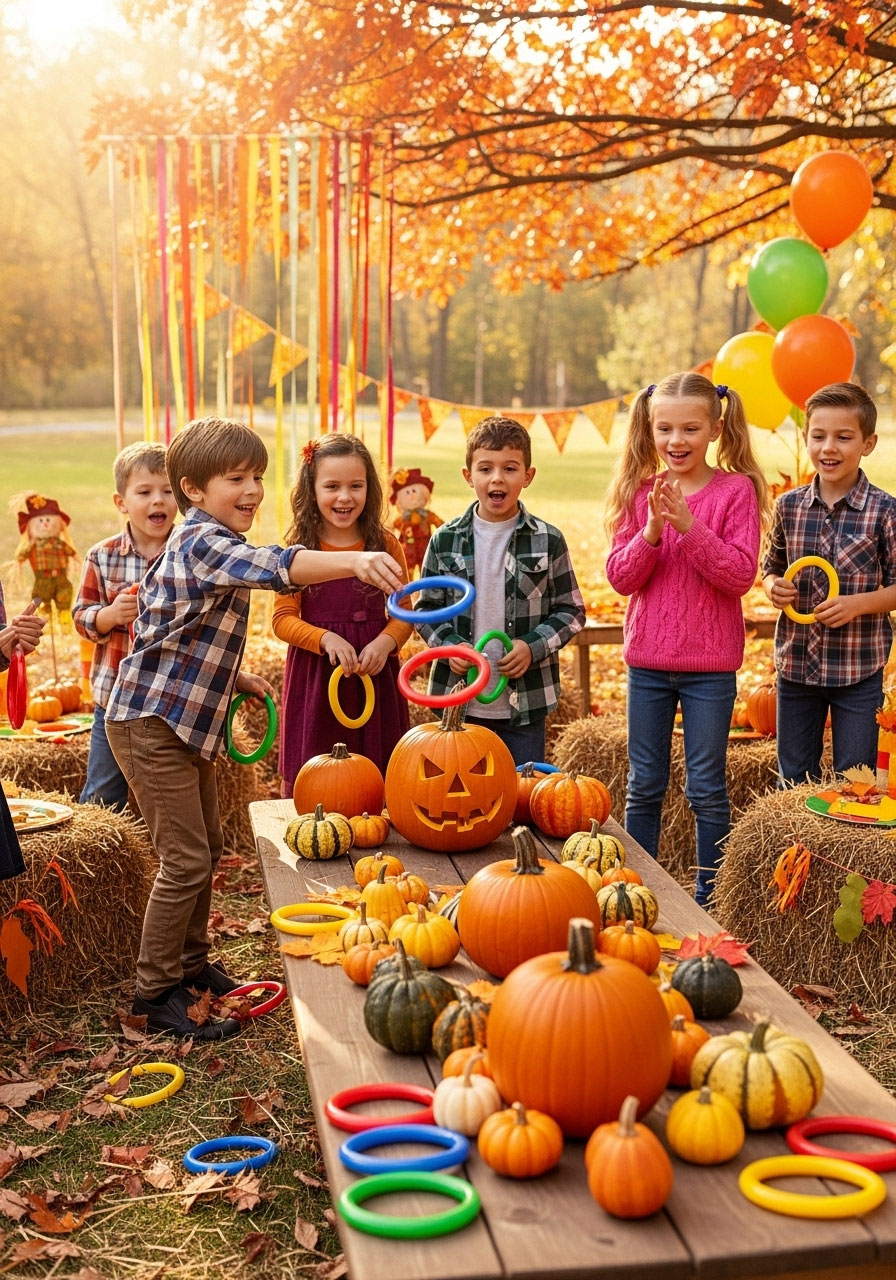 Kids playing pumpkin ring toss carnival game at outdoor fall birthday party with multiple sized pumpkins and colorful rings