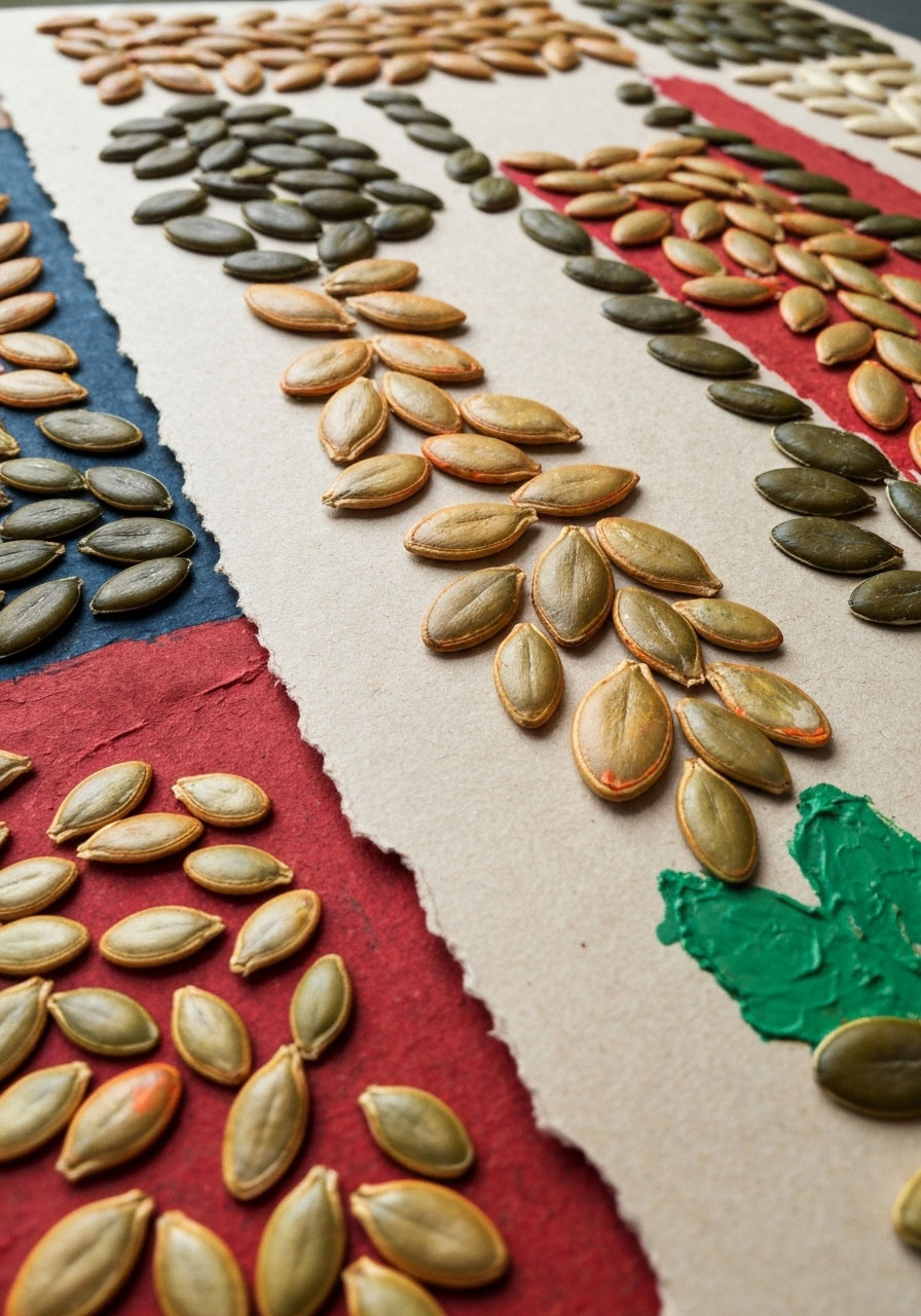Pumpkin seed art craft with painted seeds for autumn activity