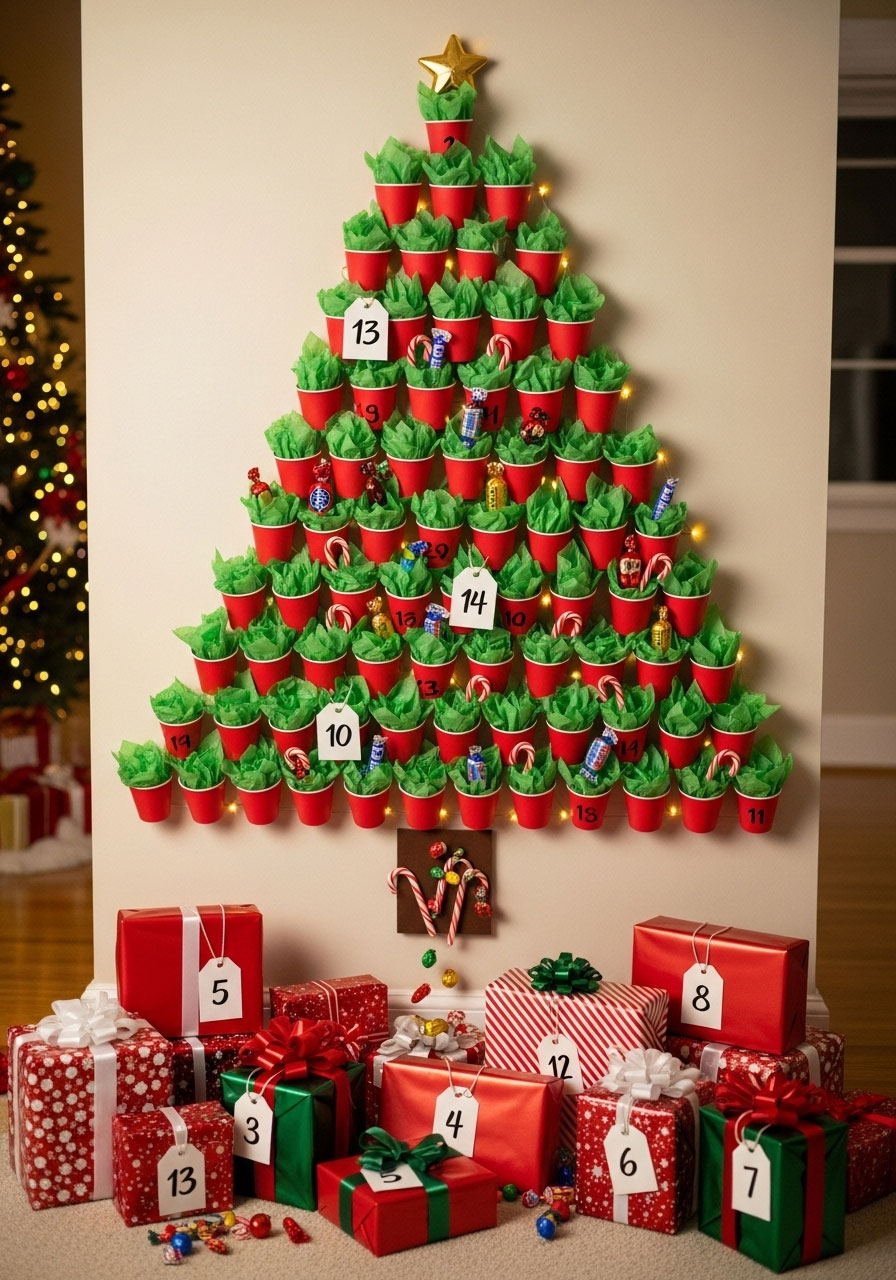 DIY Christmas punch board with tissue paper cups and numbered wrapped gifts for punch a present gift exchange game