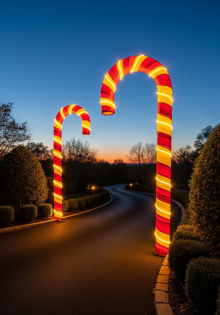 DIY glowing PVC candy canes with rope lights for driveway decoration