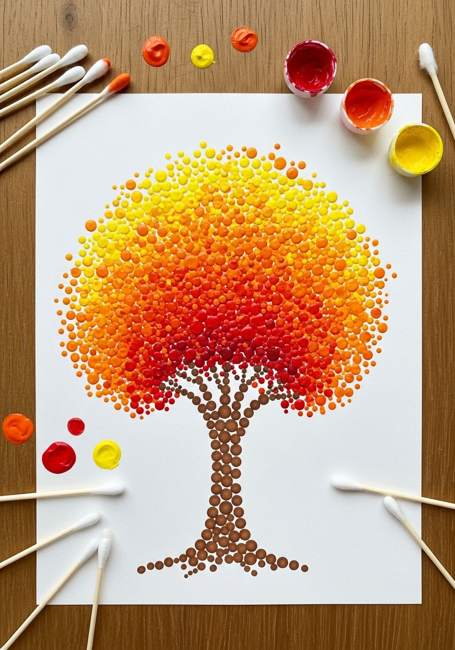 Q-tip fall tree painting craft with dotted autumn leaves for kids