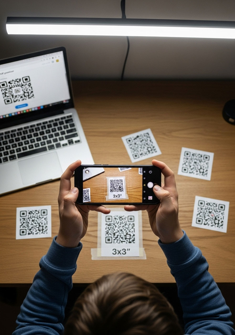 Teen scanning QR code with smartphone during technology-based birthday scavenger hunt