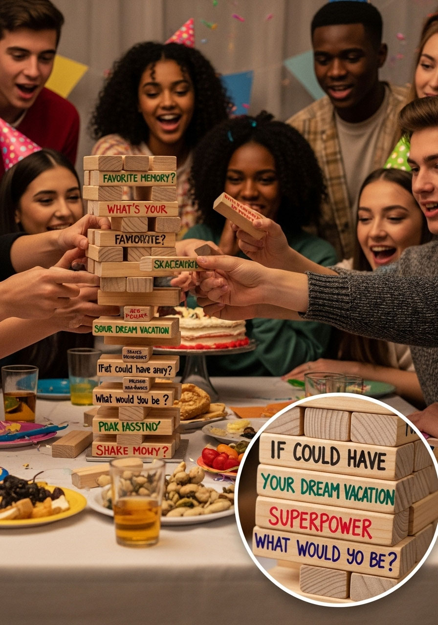 Teenagers playing get to know you Jenga with questions written on blocks