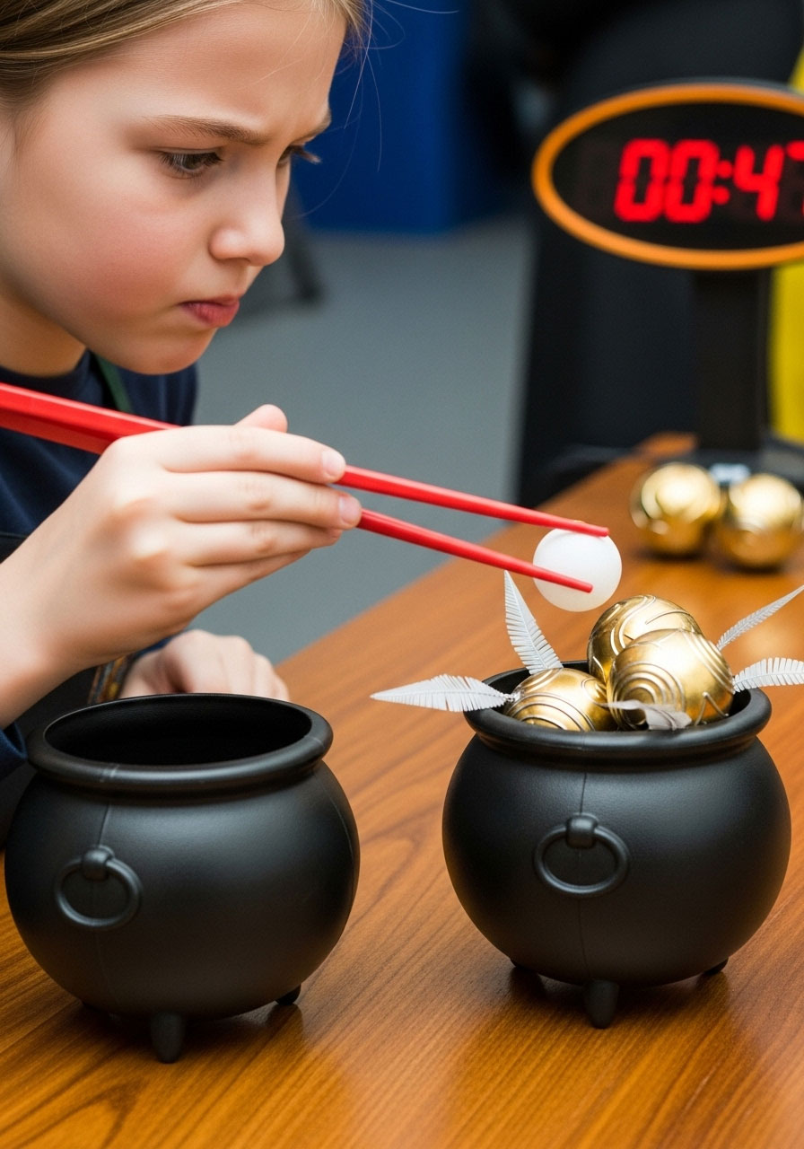 Quidditch ball transfer game using chopsticks and ping pong balls for Harry Potter minute to win it challenge