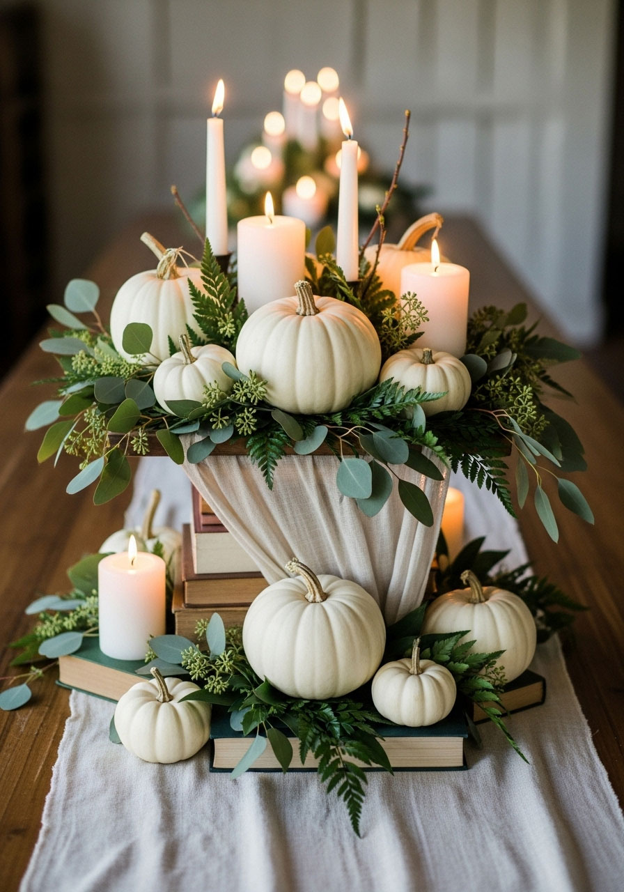 Raised Christmas table runner centerpiece on elevated platform with candles and greenery