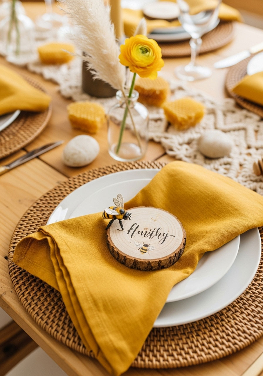 Rattan charger plate place setting for honeybee baby shower with yellow napkin and wood name card