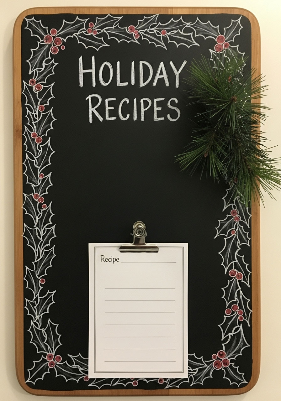 Holiday recipe chalkboard Dollar Tree cutting board with clip holder and decorative chalk border for kitchen organization