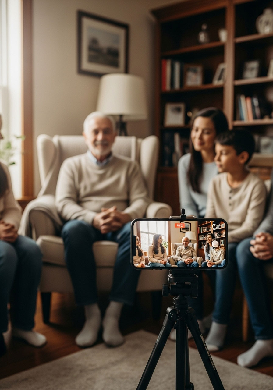Family member being recorded on video sharing Thanksgiving memories and gratitude with smartphone on tripod