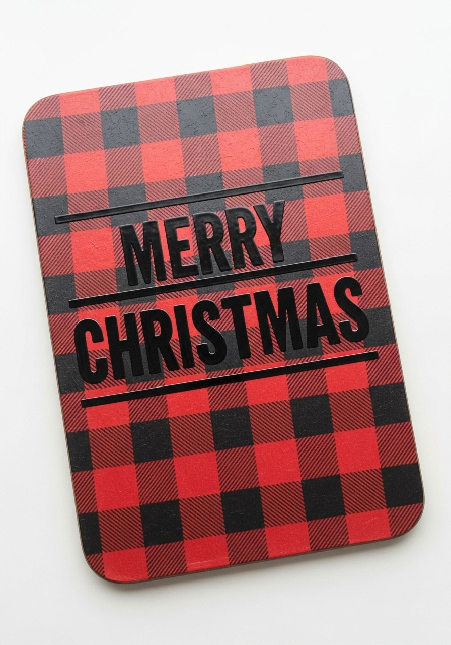 Bold red black and white Merry Christmas Dollar Tree cutting board with buffalo plaid pattern for modern holiday decor