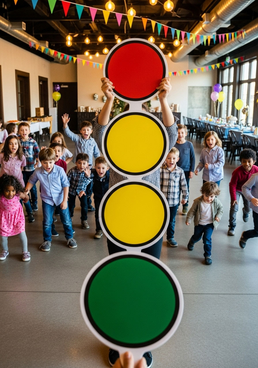 Kids playing red light green light with traffic signs at indoor birthday party