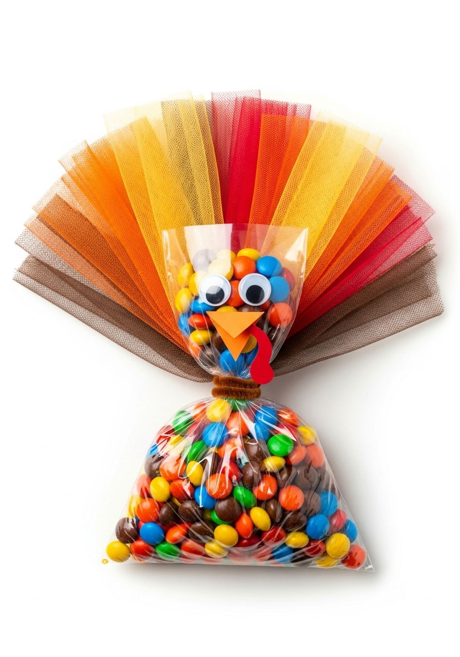 Cute Reese's Pieces tulle turkey craft with googly eyes and colorful feathers for classroom Thanksgiving activity