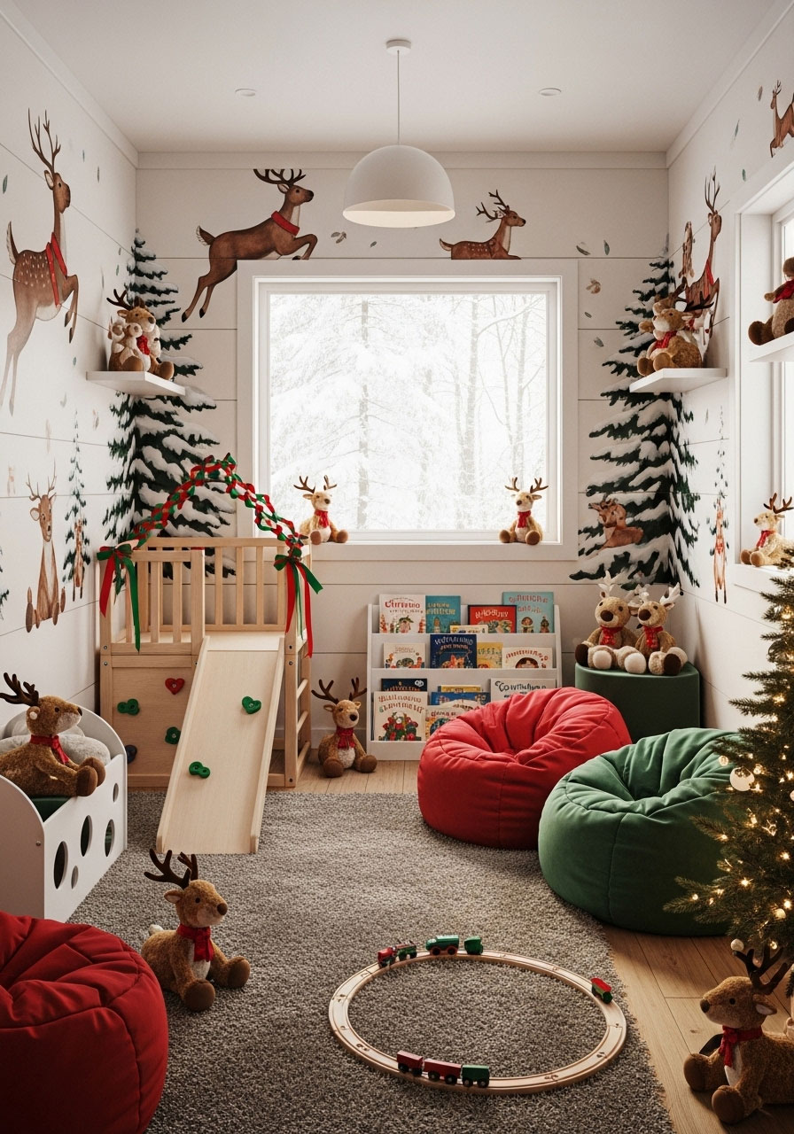 Cabin playroom decorated with reindeer theme featuring plush toys, festive play equipment, bean bags, and Christmas storybooks