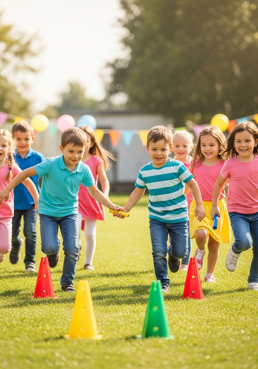 Kindergarten children running relay race teams at outdoor birthday party with cones