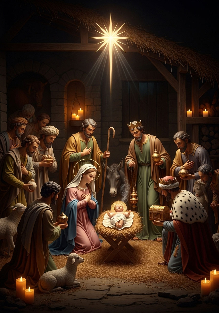 Biblical Christmas trivia nativity scene showing Jesus birth story with wise men and gifts - religious trivia visualization
