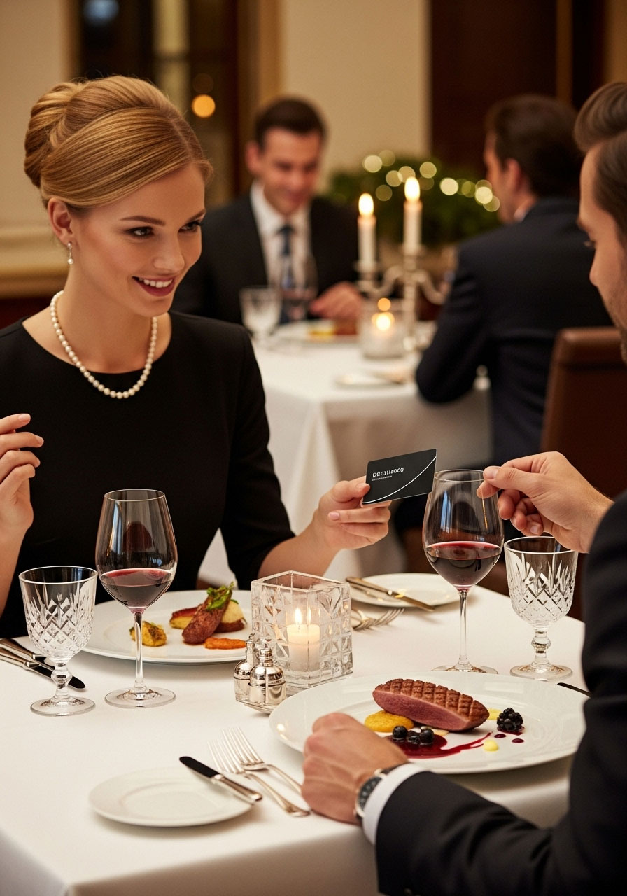 Couple enjoying elegant restaurant dining experience as Christmas gift at dream restaurant
