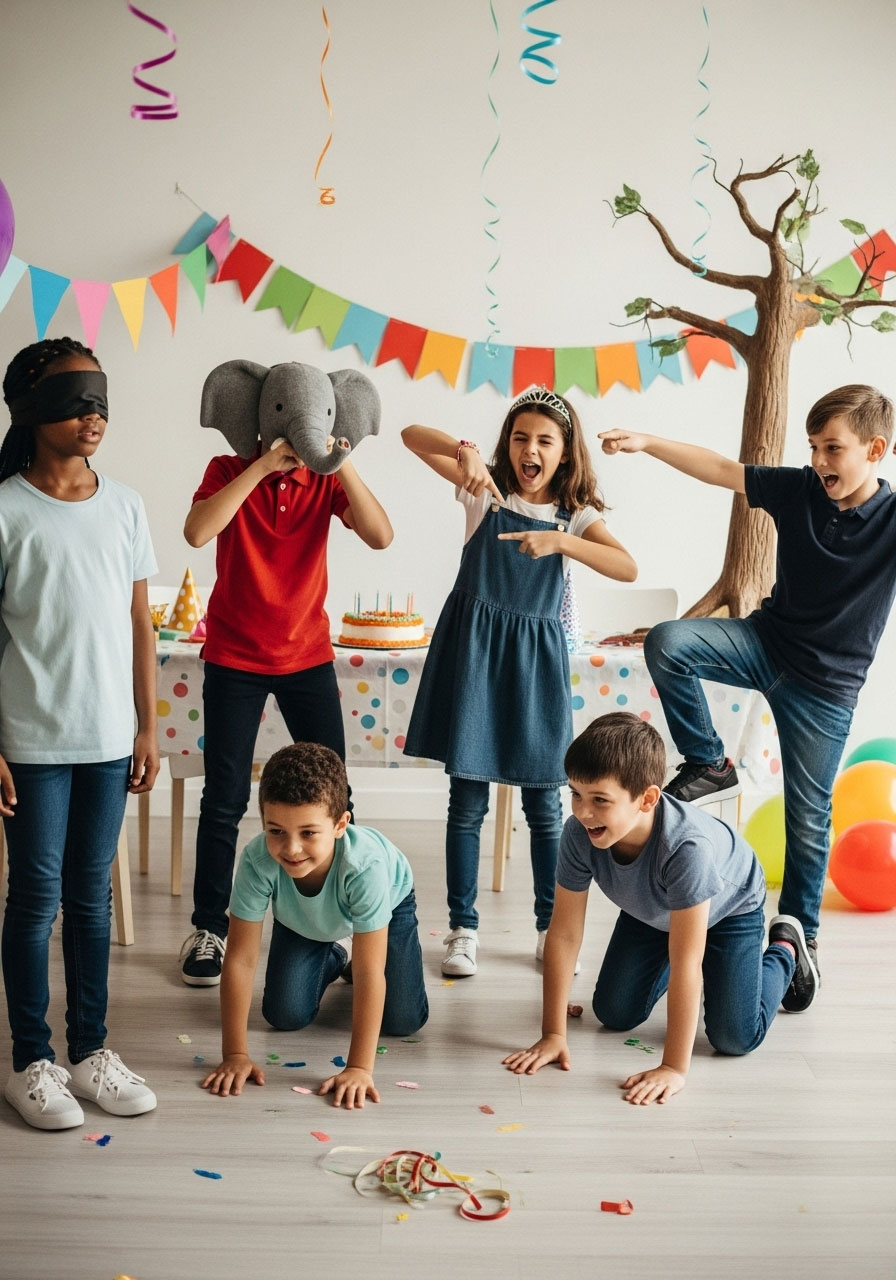Team acting together while one child guesses in reverse charades at birthday party