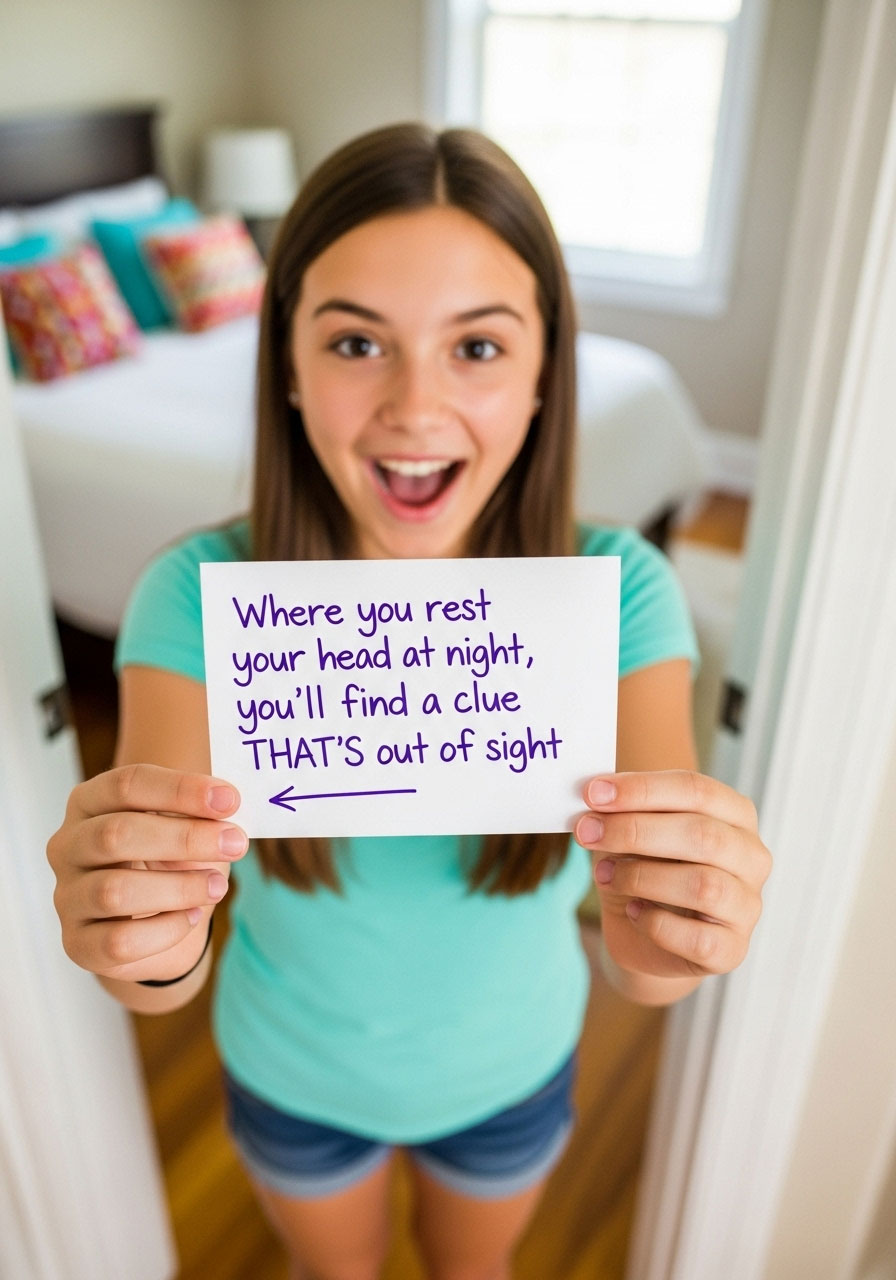 Teen reading rhyming clue card that leads to bedroom during birthday scavenger hunt